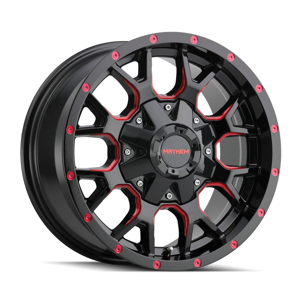 MAYHEM WARRIOR 8015 20x10 6x135 6x139.7 -25 106 BLACK W/PRISM RED - TheWheelShop.ca