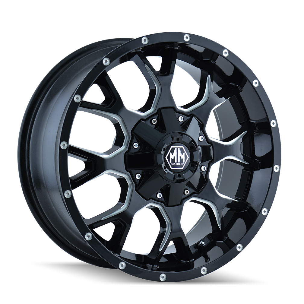 MAYHEM WARRIOR 8015 20x9 6x120 6x139.7 30 78.1 BLACK/MILLED SPOKES - TheWheelShop.ca