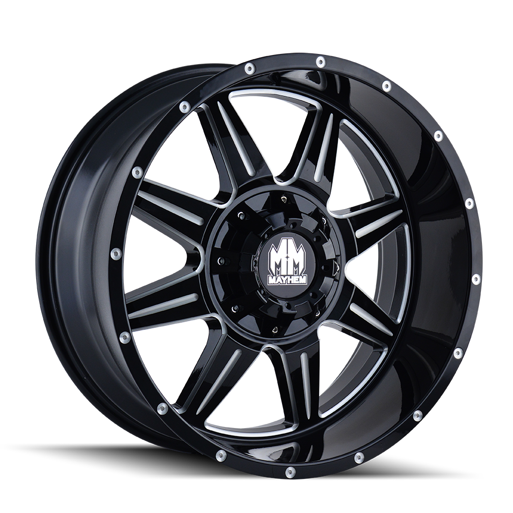 MAYHEM MONSTIR 8100 20x9 5x127 5x139.7 18 87 GLOSS BLACK/MILLED SPOKES - TheWheelShop.ca