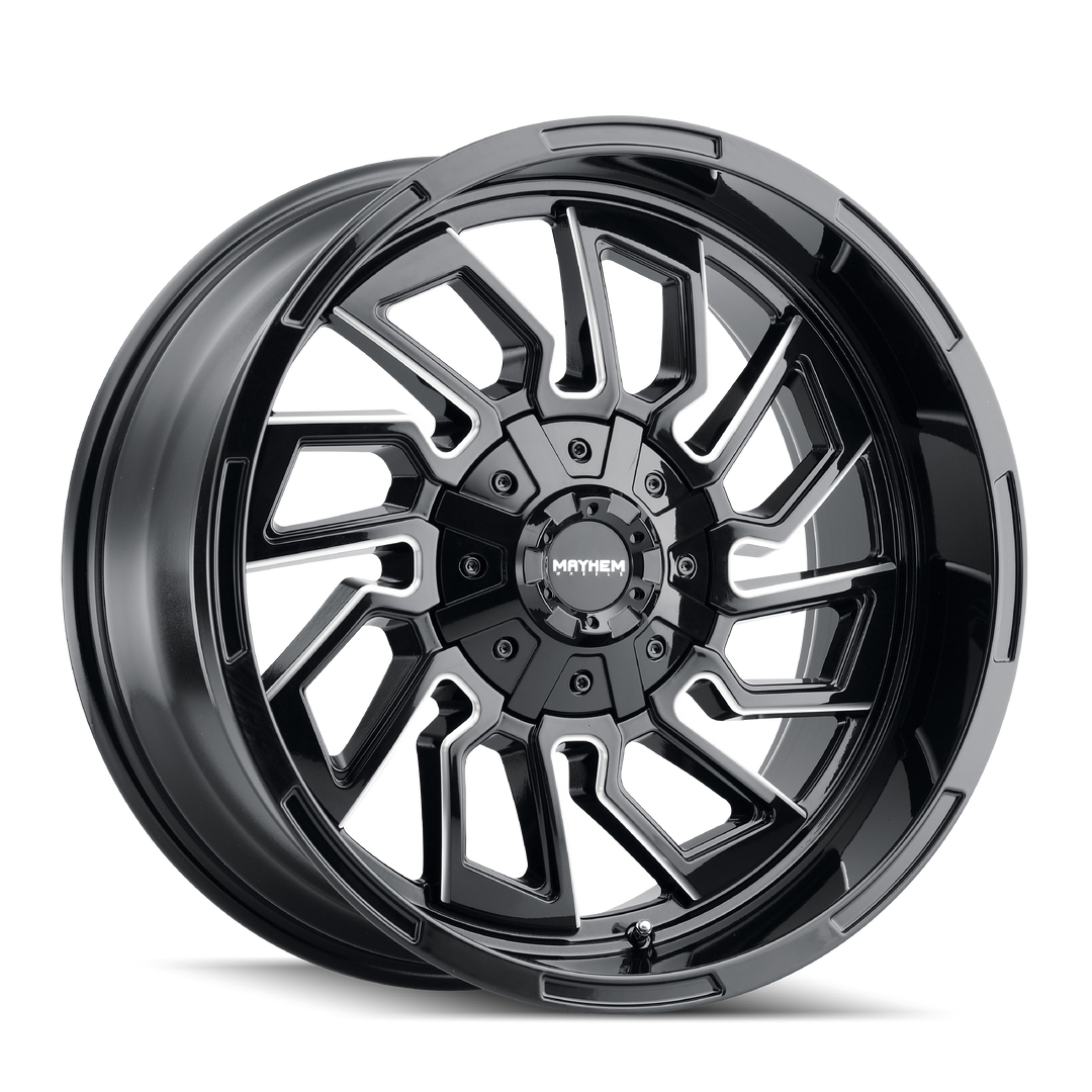 MAYHEM FLYWHEEL 8111 20x9 6x135 6x139.7 18 106 GLOSS BLACK/MILLED SPOKES - TheWheelShop.ca