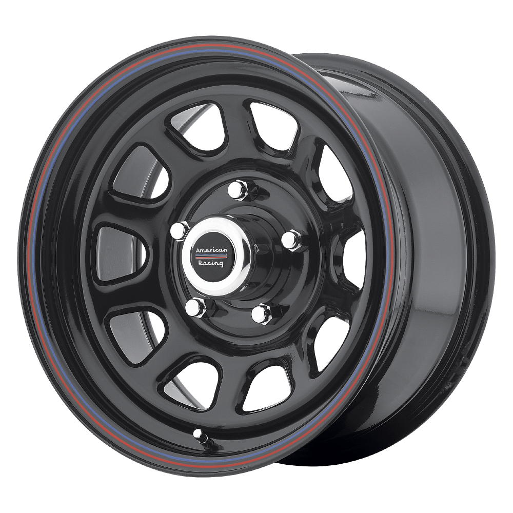 AMERICAN RACING AR767 16X8 5X135 12 87.1 GLOSS BLACK STEEL WITH RED AND BLUE STRIPE