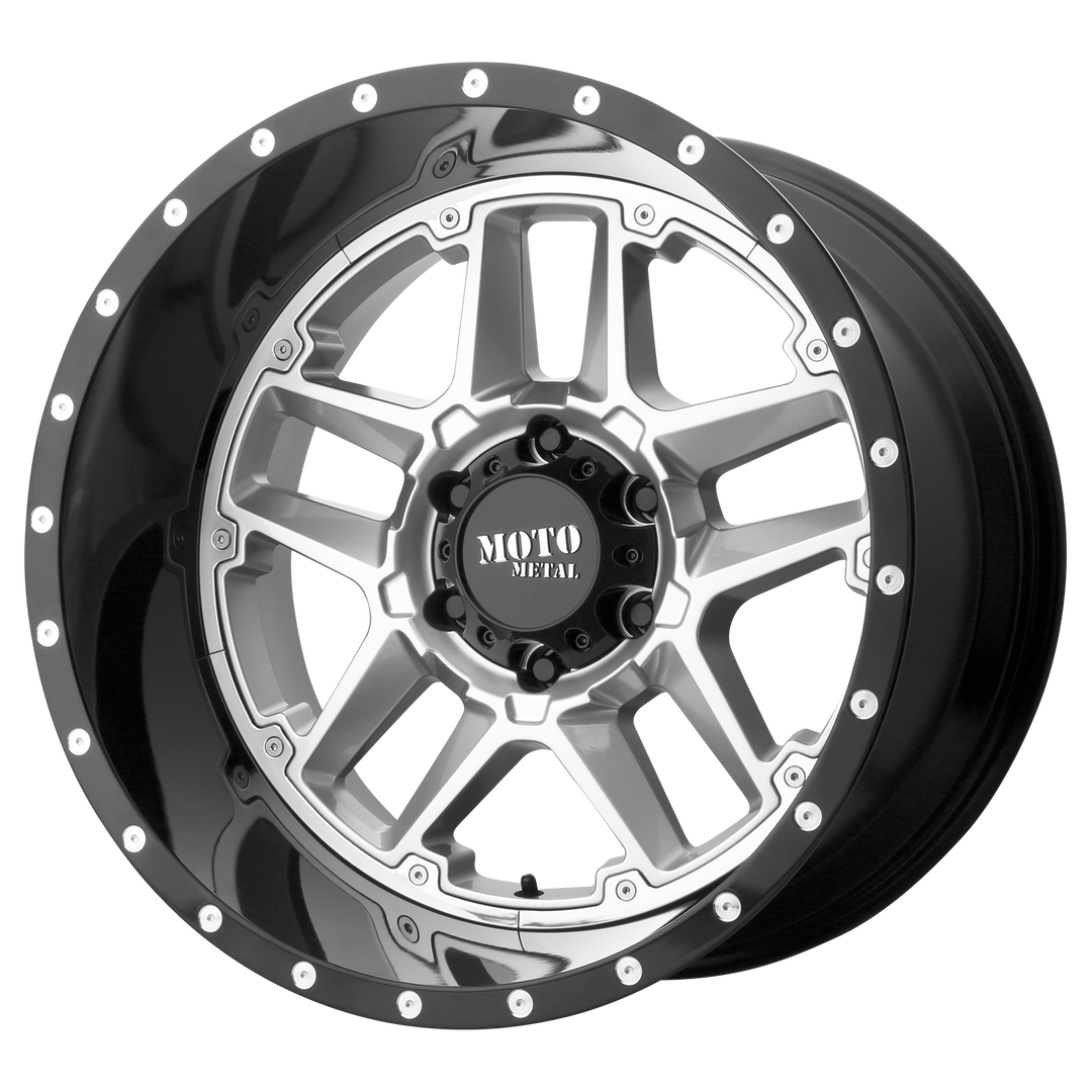 MOTO METAL MO987 SENTRY 20X12 5X139.7 -44 78.1 GLOSS SILVER CENTER GLOSS BLACK LIP