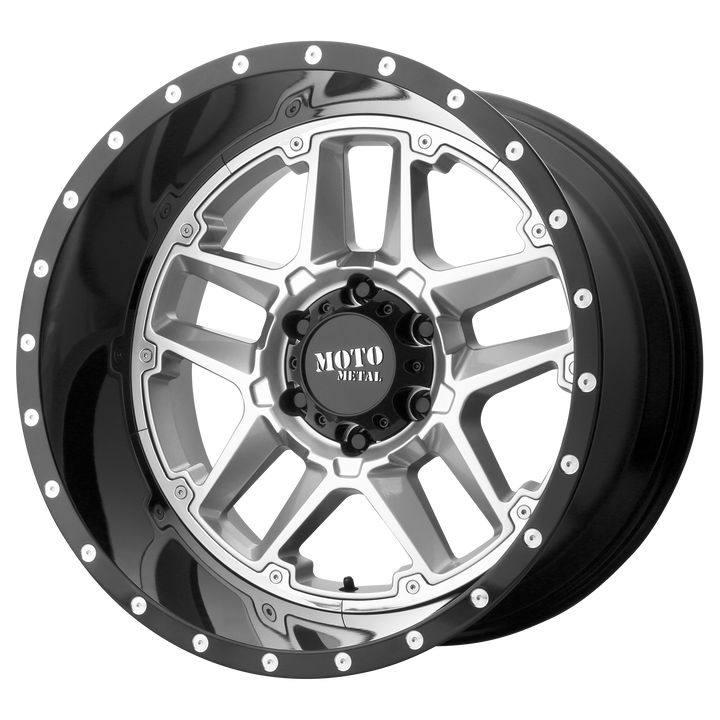 MOTO METAL MO987 SENTRY 20X12 5X139.7 -44 78.1 GLOSS SILVER CENTER GLOSS BLACK LIP
