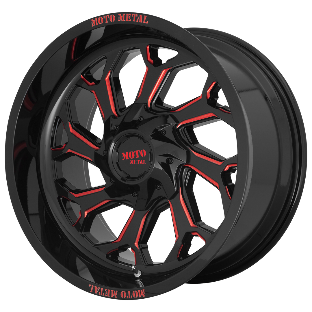 MOTO METAL MO999 20X10 6X135 / 6X139.7 -18 106.1 GLOSS BLACK MILLED WITH RED TINT